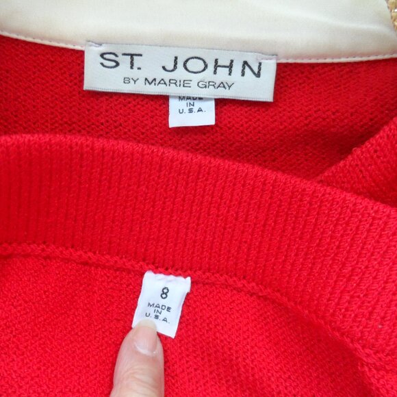 St. John Cruize Line Knit Red/Ivory Trim Skirt & Jacket Suit Size 8 - Picture 16 of 16